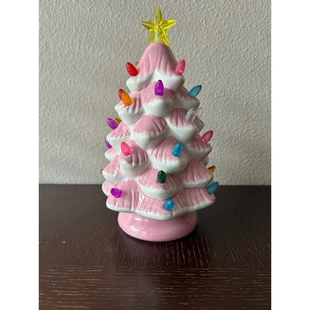 Retro Pink Glaze Ceramic Led Light Up Charming Christmas Tree Decor